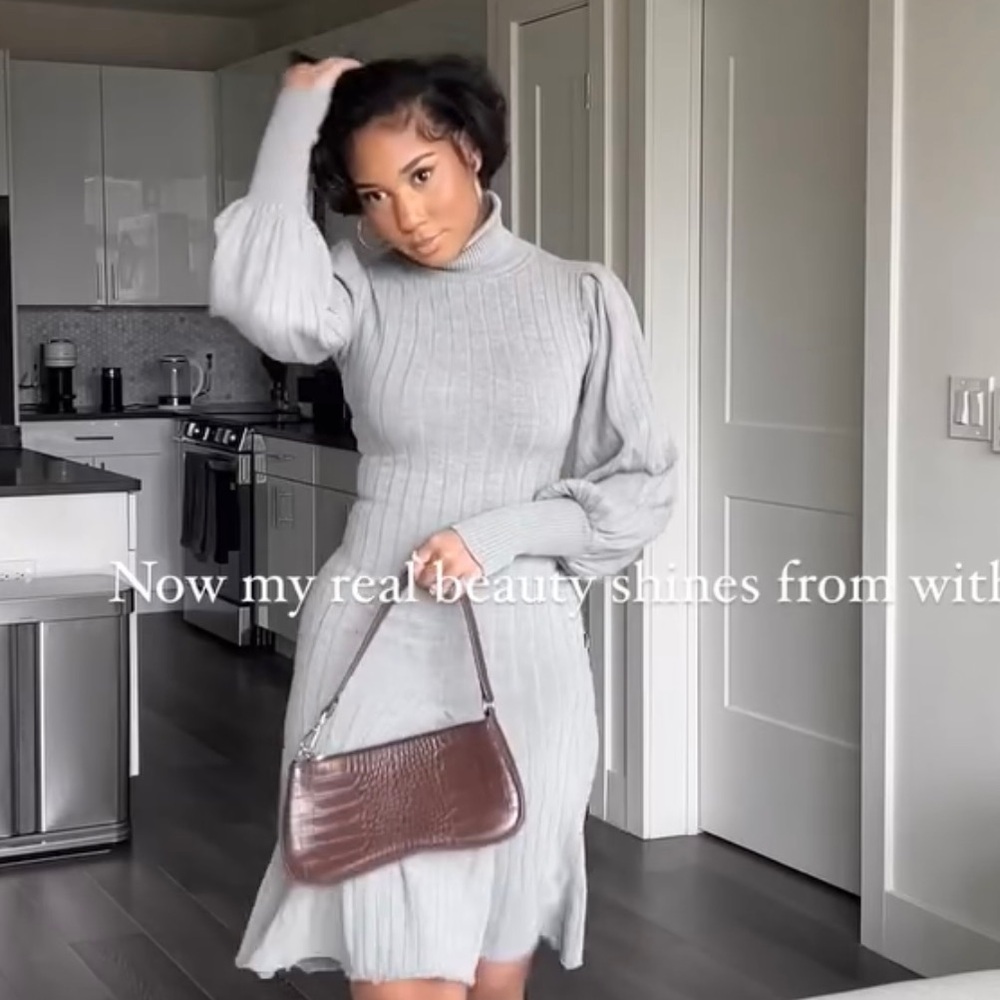 Fashion Nova Light Gray Turtleneck Rib Knit Midi Dress